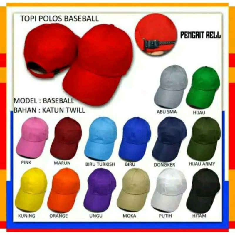 topi baseball polosan ,sangat bagus dan murah sekali, bahan kain twill supertex...