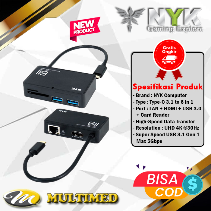 Converter NYK Type C HUB 6 in 1 LAN HDMI Card Reader USB PORT