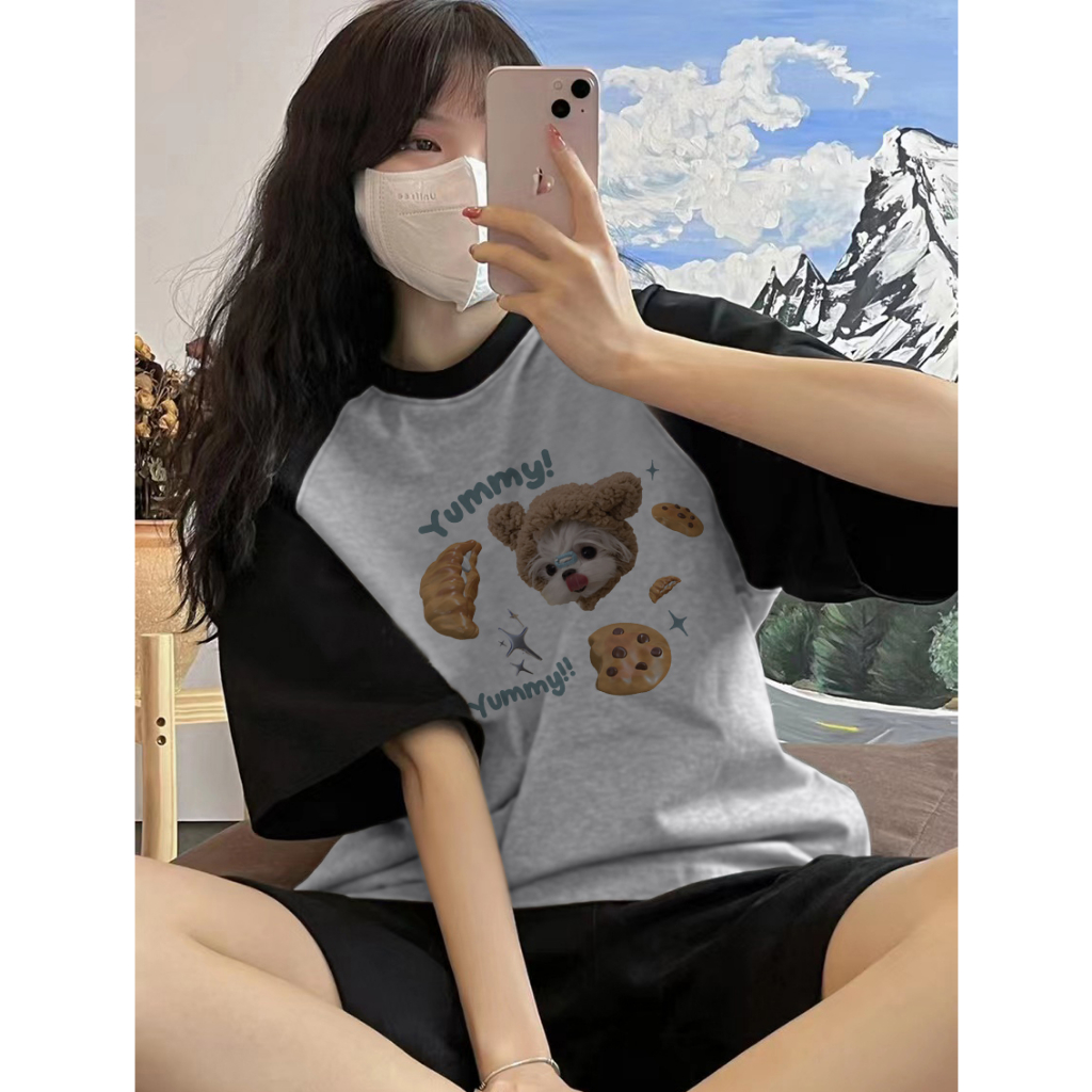 EUNII T-shirt Lengan Pendek Cute Yummy Dog Korean Style/Kaos Atasan Wanita/Baju Kaus Oversize Wanita/Kaos Wanita