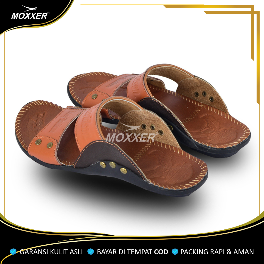 Sandal Kulit MOXXER Pria | Sandal Slide Kulit Asli Full Up MOXXER Slip On Cowok Terbaru Kekinian