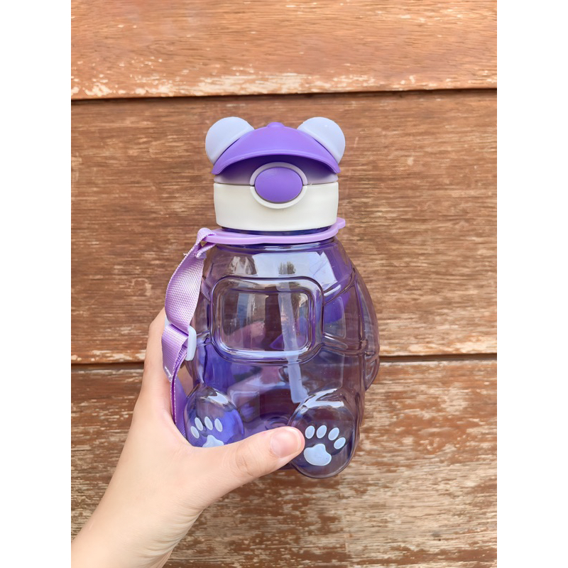 BOTOL MINUM ANAK KARAKTER BERUANG TOPI - BOTOL AIR GEMOY TEDDY - TEMPAT AIR MINUM DENGAN TALI SELEMPANG FREE STICKER 2D&amp;3D