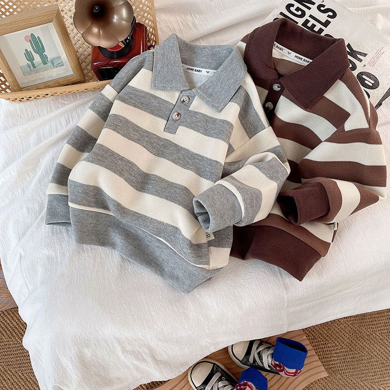 Baju atasan bayi lucu usia 6 bulan - 5 tahun Motif GARIS GREY &amp; COKLAT Sweater premium