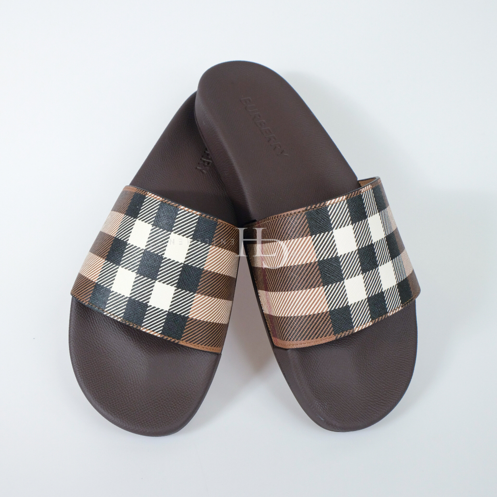 Bur berry Men Tartan Pattern Slides Dark Birch Brown