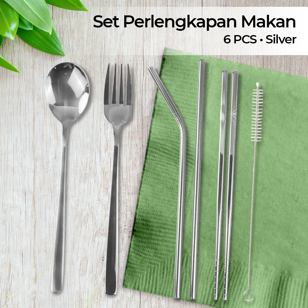 Tofok Set Alat Makan Sendok Garpu Sedotan Sumpit dengan Pouch 6 PCS - T10 - Silver