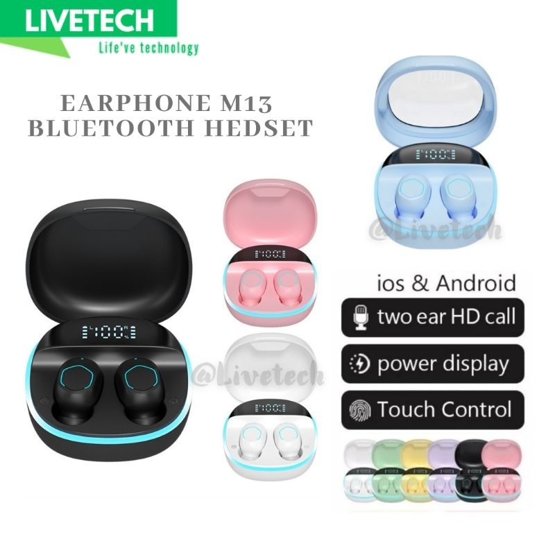LIVETECH M13 Macaron Headset Bluetooth TWS with Mic Breathing Light Case Led Display Screen Handset 