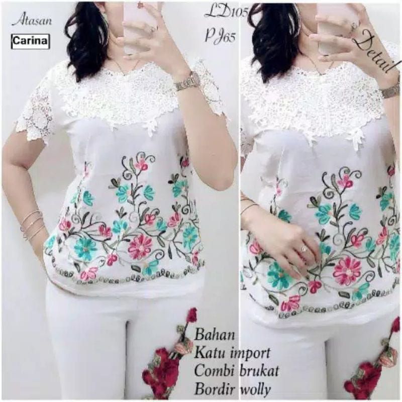 Atasan Blouse Bordir Katun Kombinasi Brokat Renda