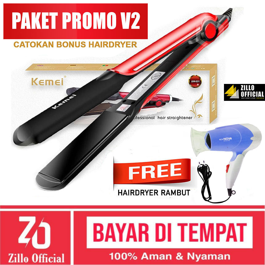 ZILLO Catokan Rambut Kemei BONUS Hairdryer NOVA Catok Rambut Bisa Untuk Lurus Dan Curly Kemei 531 Plat Lebar ORIGINAL