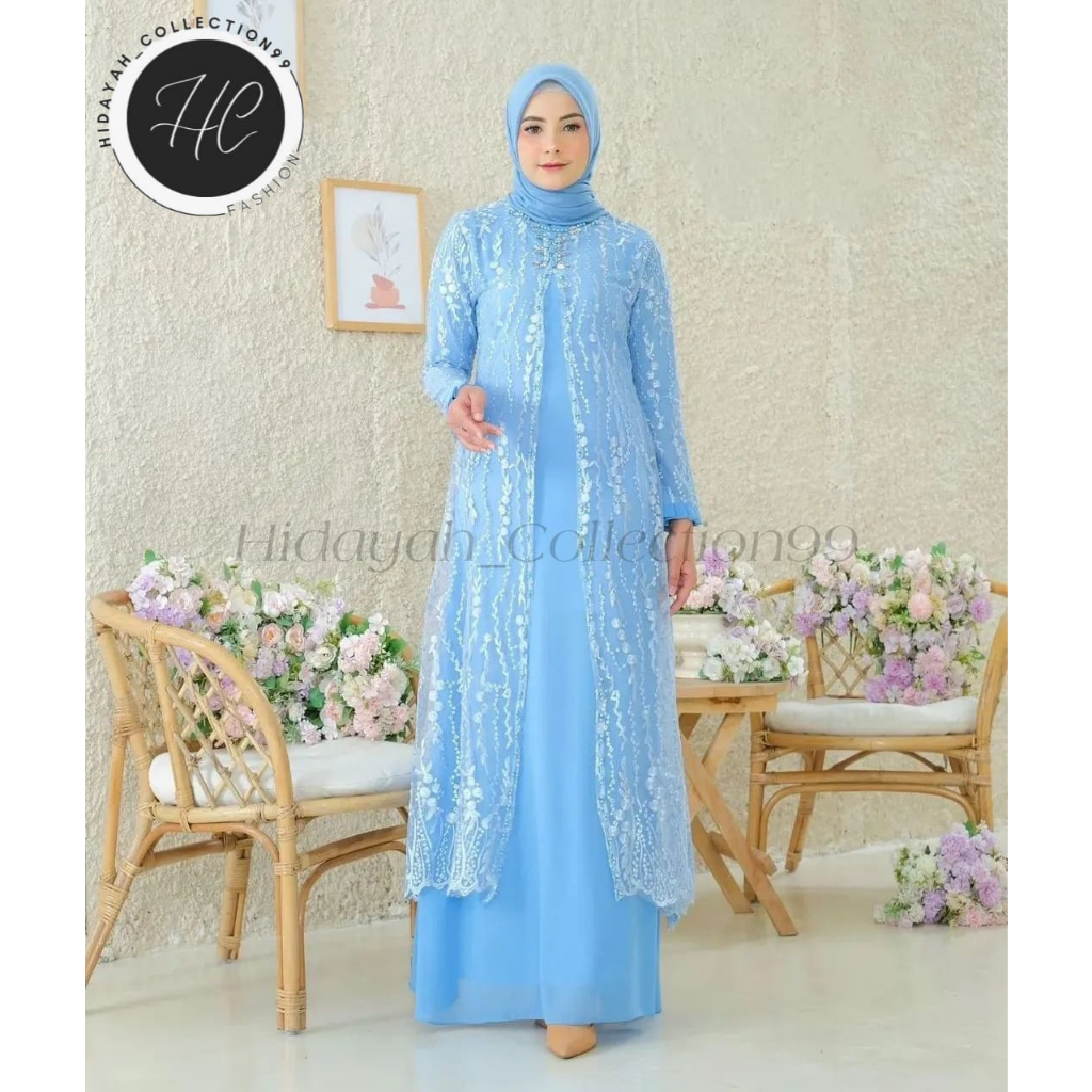 Gamis Kondangan Terbaru 2023 mewah Kekinian INDIRA Dress Gamis Pesta Aplikasi Brokat Bahan Ceruty Babydoll Import Fullpuring Dress Gamis Kodangan Trend Baju Brokat Mewah Warna Mint Sage