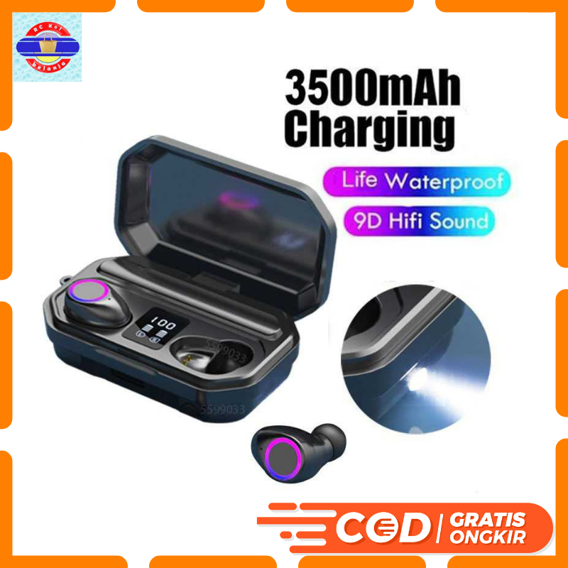 Earphone TWS Bluetooth 5.0 + Charging Case Flashlight 3500mAh Kualitas Suara Jernih Nyaman ditelinga