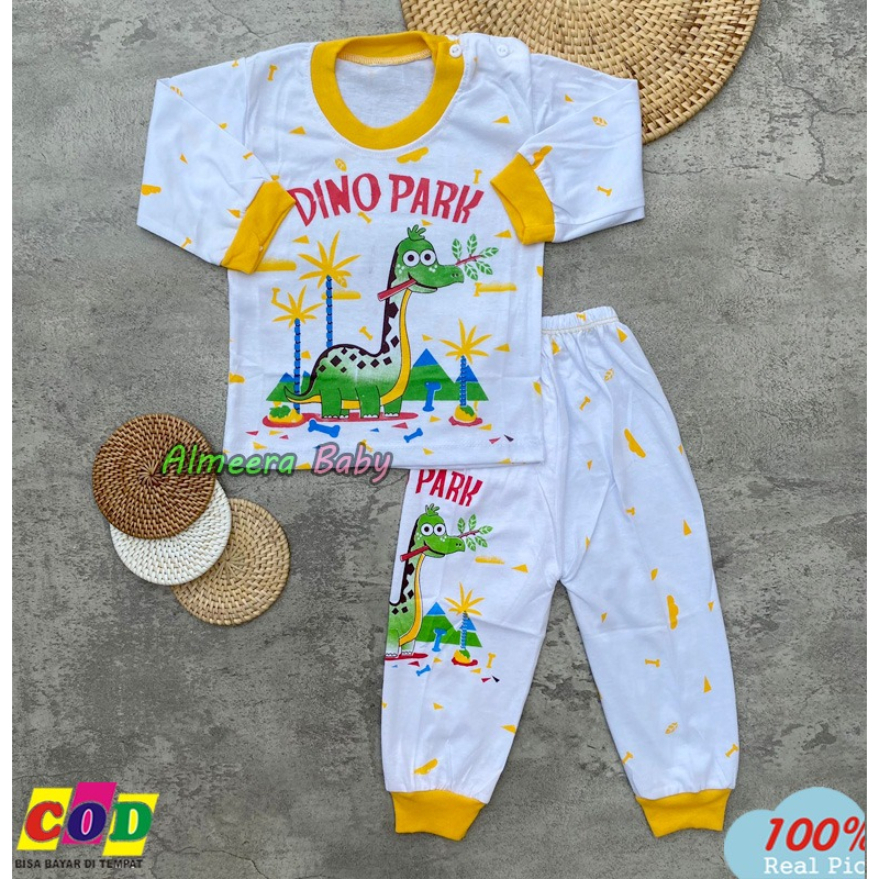 Setelan Baju Bayi Piyama Bayi Lengan Panjang Kancing Pundak Motif Dino Park Usia 3-12 Bulan Almeera Baby and Kids