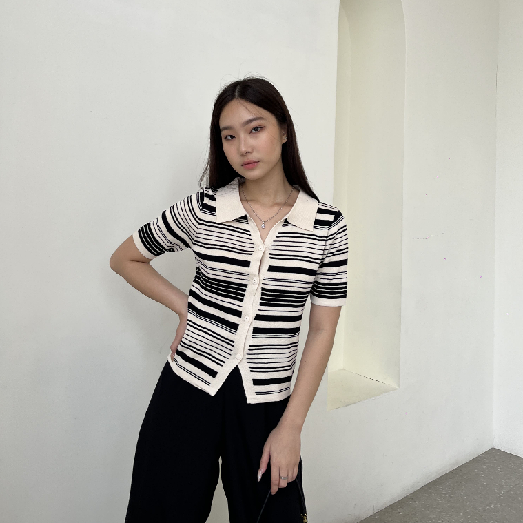 Mirei Stripes Knit Top / Atasan Rajut / Blouse Casual / Polo Top / Korean Style