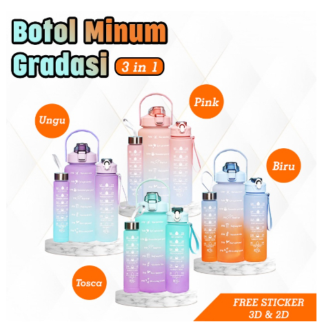 [ OBJ ] Botol Viral Gradasi 3in1 1 Set 2Liter + 900ml + 350ml Free Stiker 3D