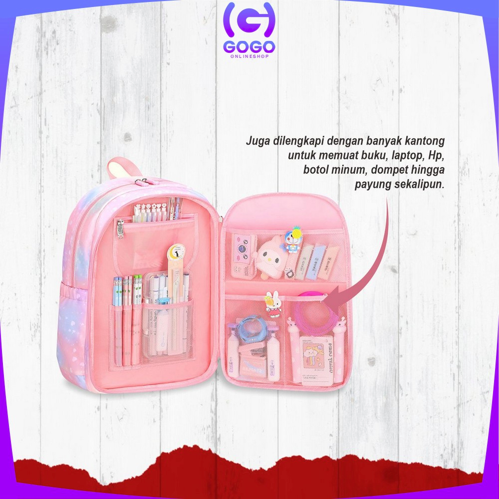 GOGO-T49 Tas Sekolah Anak Perempuan TK SD Kids Bag Backpack Multifungsi Model Pelangi / Ransel Remaja Cewek Cowok Lucu Aesthetic Anti Air Waterproof Import