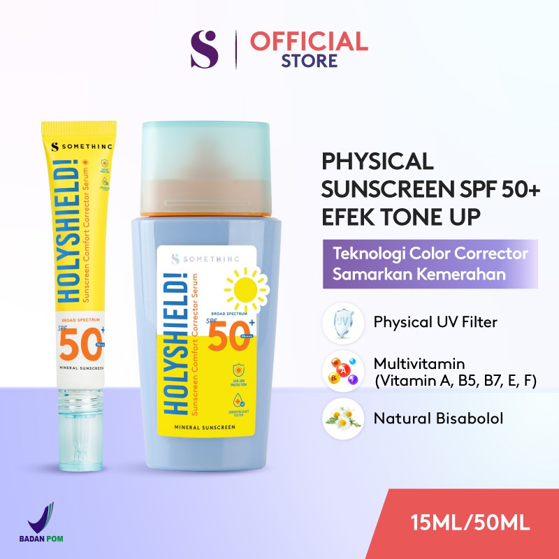 SOMETHINC Holyshield Sunscreen Comfort Corrector Serum SPF 50+ PA++++ || SOMETHINC Glow Up Physical 