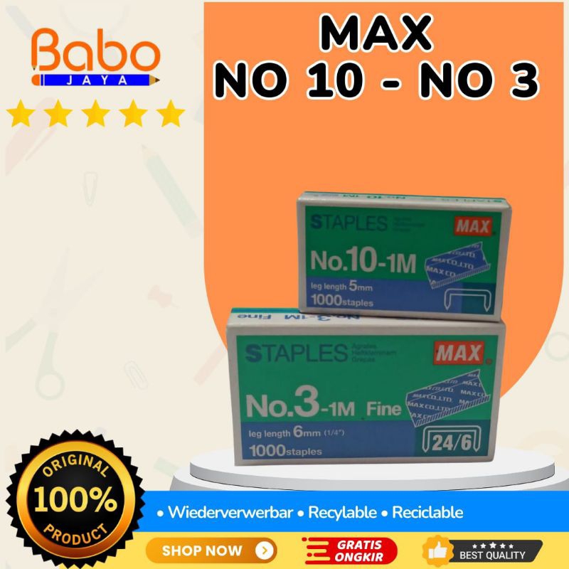 

BABO JAYA Isi Staples , Reffil Stapler MAX . Menggunakan Bahan Berkualitas , Ujung Runcing .