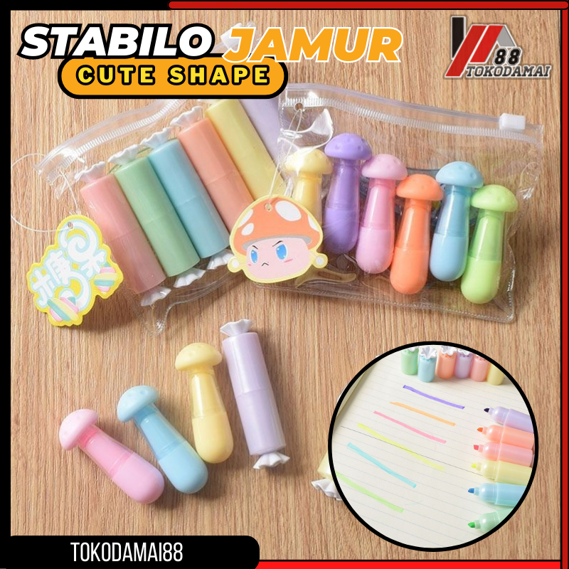 Highlighther 1SET Isi 6 Pcs Stabilo JAMUR Unik Free Pouch Murah