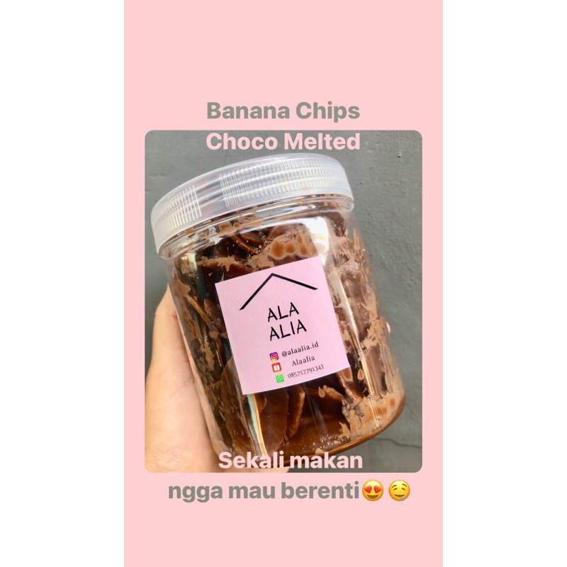 

Banana Chips Choco Melted / Keripik Pisang Coklat Lumer kemasan toples 500ml berat 200gr