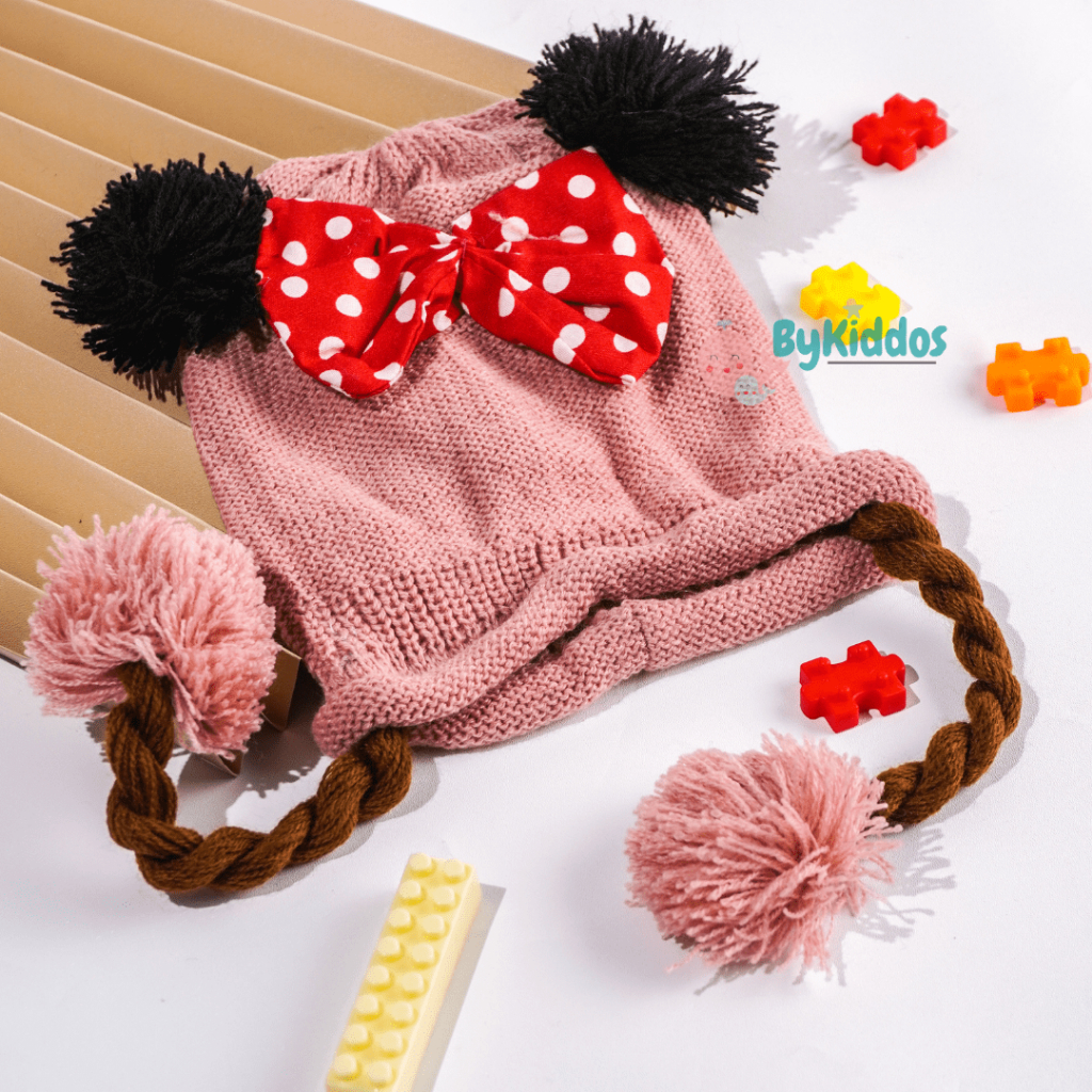 Bykiddos - Topi Kupluk Rajut Bayi Pom Pom Kepang Minie Motif Pita Tengah