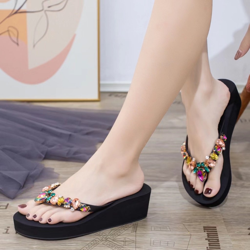 TERMURAH Sendal Ingvivi Wedges Jepit 160-5 / Sandal Ingvv Swarovsky Wedge Permata /  Spon Flip 5cm