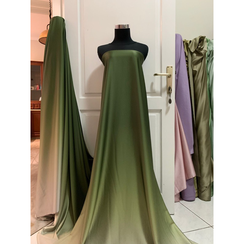 Bahan Kain Satin Armani asikk Gradasi Ombre Gradient 2 tone Warna Army sage