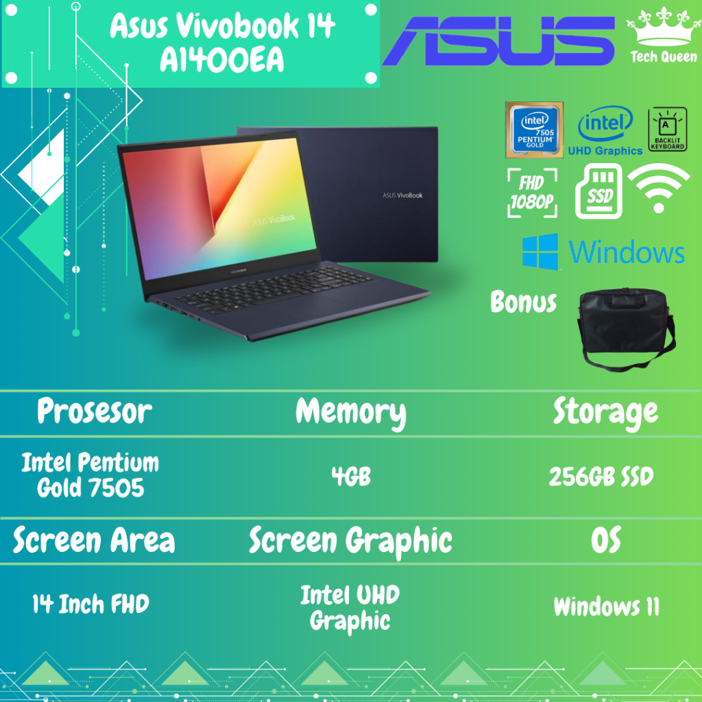 ASUS VIVOBOOK 14 A1400EA FHD7522 - PENTIUM GOLD 7505 4GB 256SSD WINDOWS 11+OHS 14.0 INCHI FHD FP BLIT