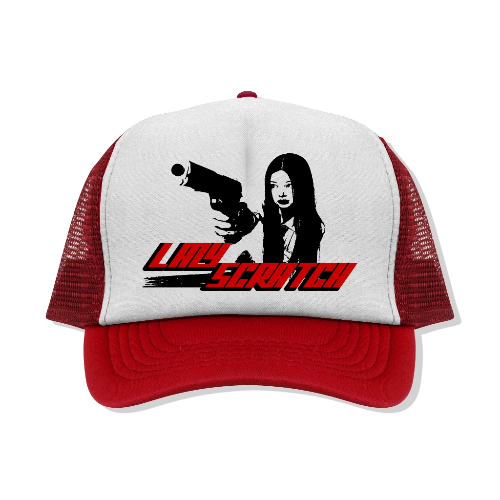 Trucker Hat Y2k Lazyscratch - Girl Gun Red And white - Topi Jaring Unisex