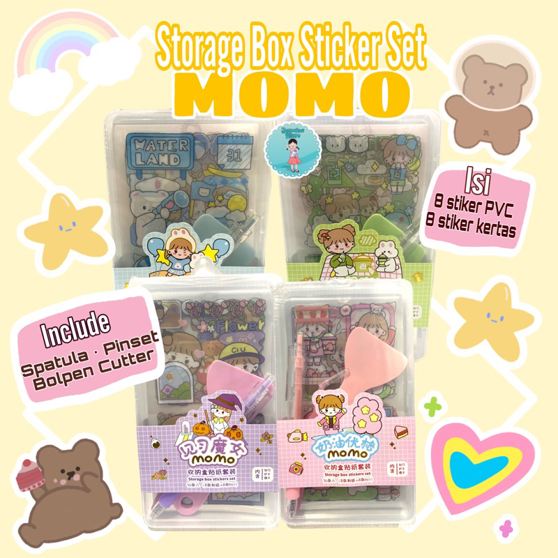 Peralatan Scrapbook Lengkap Momo/Alat Jurnaling Scrapbook/Set Buku Diary Motif Kartun Korea Botol Minum Waterproof Handbook Scrapbook DIY Box Isi 100 Lembar/Stiker Scrapbook Momo Lengkap Bolpen Cutter Spatulla Pinset/Stiker Washi Tape