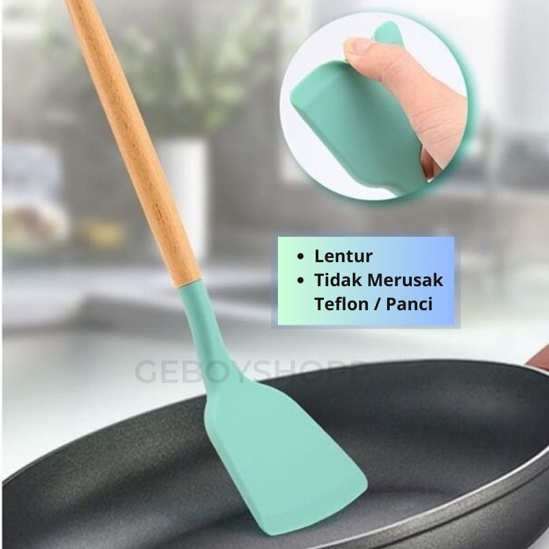 Spatula / Sutil / Centong Silikon Gagang Kayu 100% ANTI PANAS Foodgrade