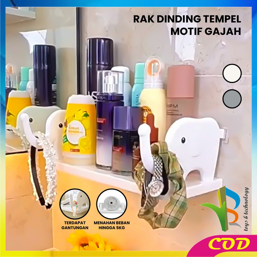 RB-C864 Rak Dinding Tempel Kamar Mandi Motif Gajah Tanpa Paku Serbaguna / Rak Dapur dengan Gantungan / Rak Gantung Multifungsi Storage Rack Import