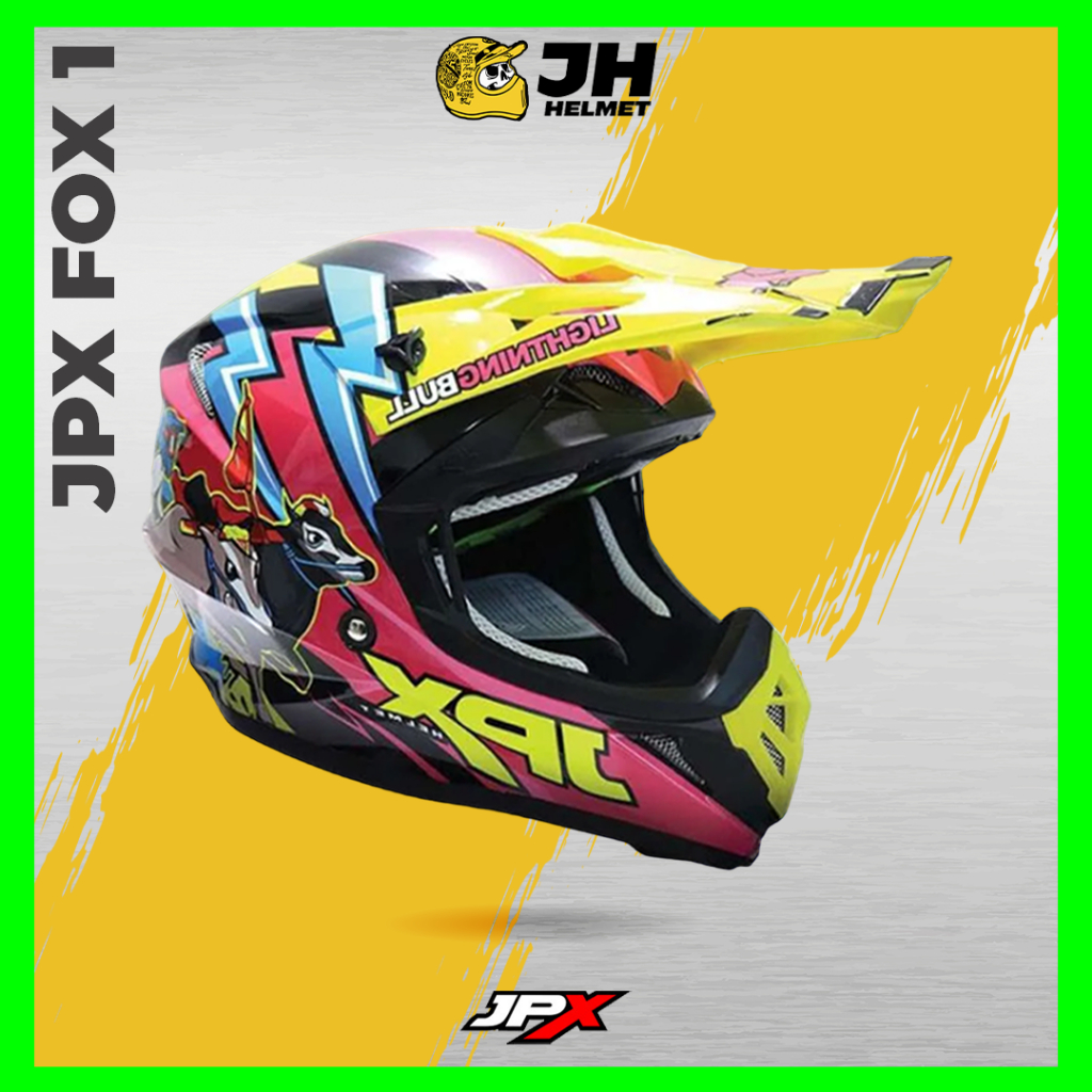 Helm JPX Cross Fox1 X27 Lightning Bull Super Black Glossy | Fox 1 Trail | Helm Full Face | JUAL HELM