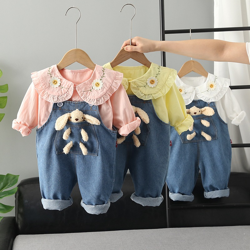 setelan baju anak perempuan lengan panjang motif BONEKA warna putih usia 6 bulan - 4 tahun import