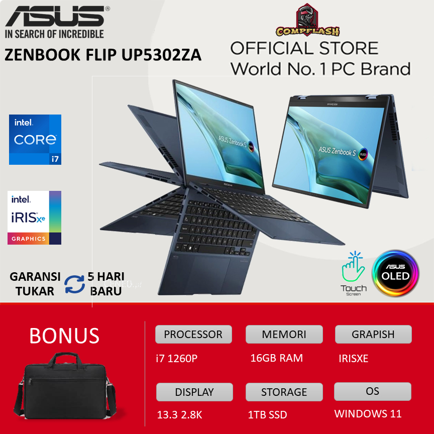 LAPTOP ASUS ZENBOOK FLIP UP5302ZA OLED TOUCH i7 1260P 16GB 1TBSSD WINDOWS 11 13.3 2.8K