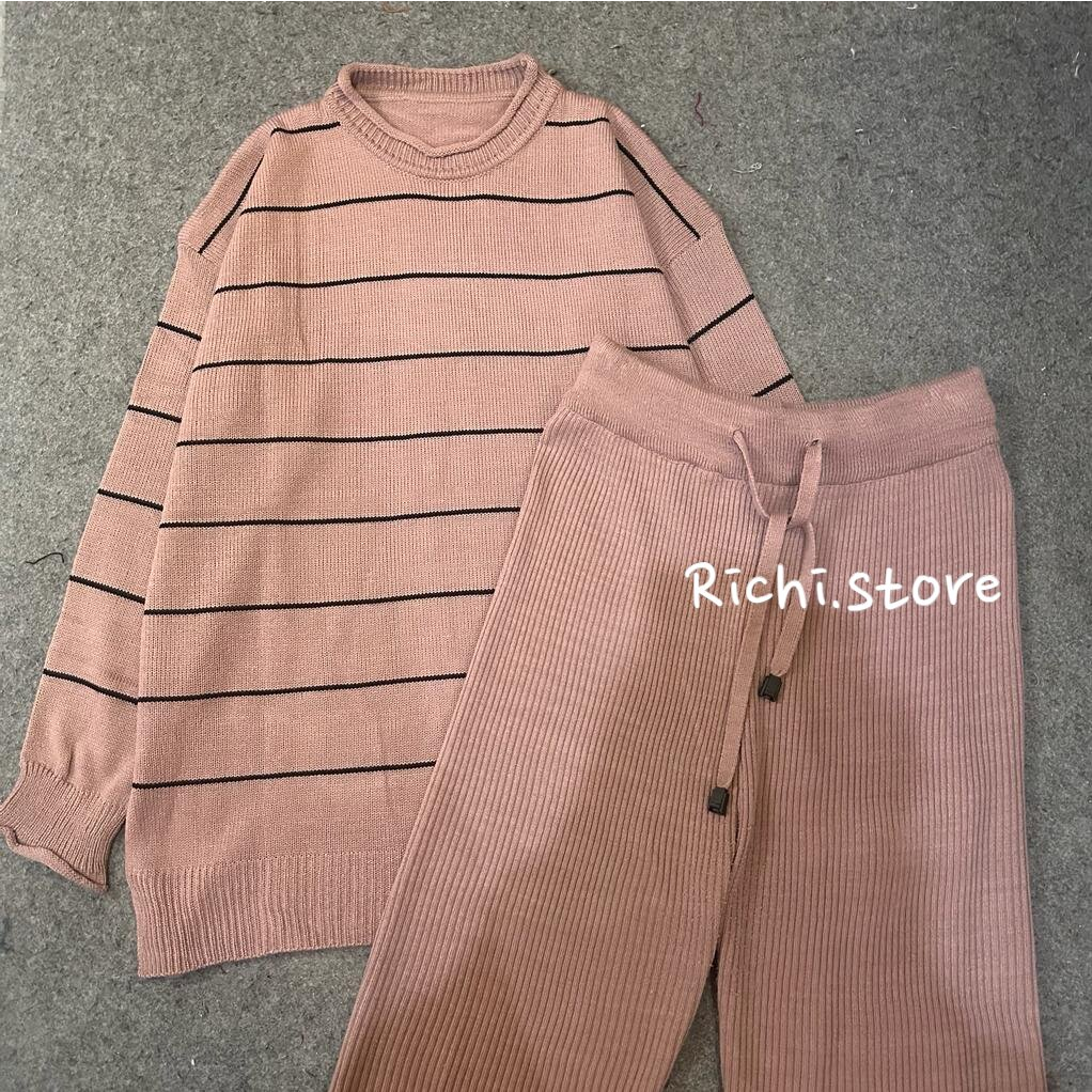 Shakira blouse - Setelan kulot rajut blouse motif garis (celana+atasan)