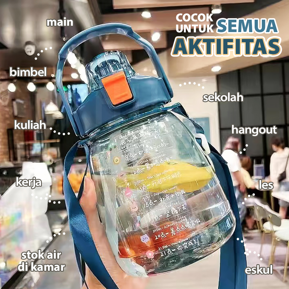 HUGO Botol Minum Anak Anti Bocor 1300 ml Botol Air Anak Sekolah Kantor Serbaguna dengan Sedotan dan Tali Strap