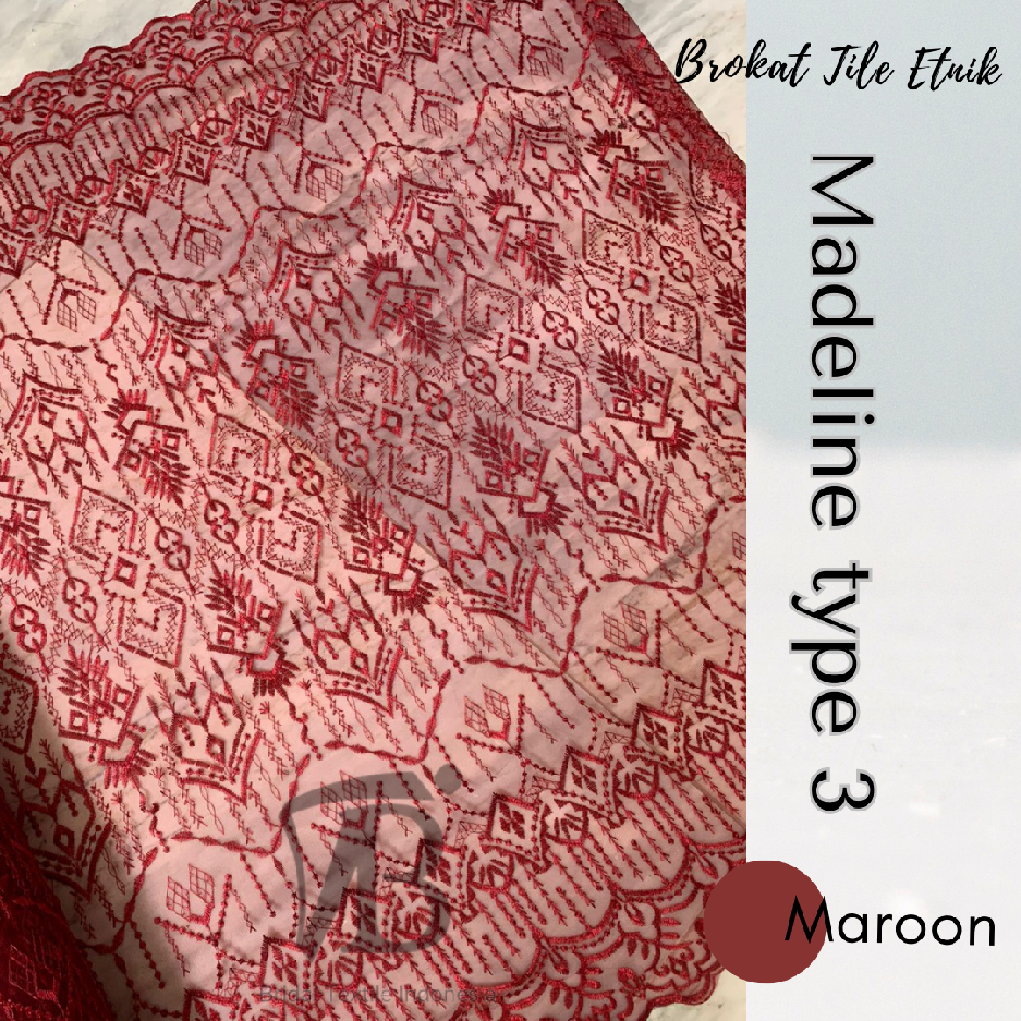 Kain Bahan Kebaya Tile Tulle Bordir Etnik Madeline Motif 3 Mewah Warna Merah Maroon