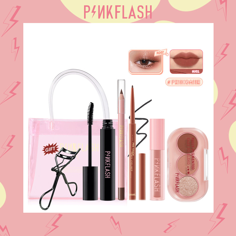 PINKFLASH Eye Makup Set 3 Shades Eyeshadow Matte Liquid Lipstik Ombrelips Tahan air Tahan lama Eyebrow Eyeliner Mascara