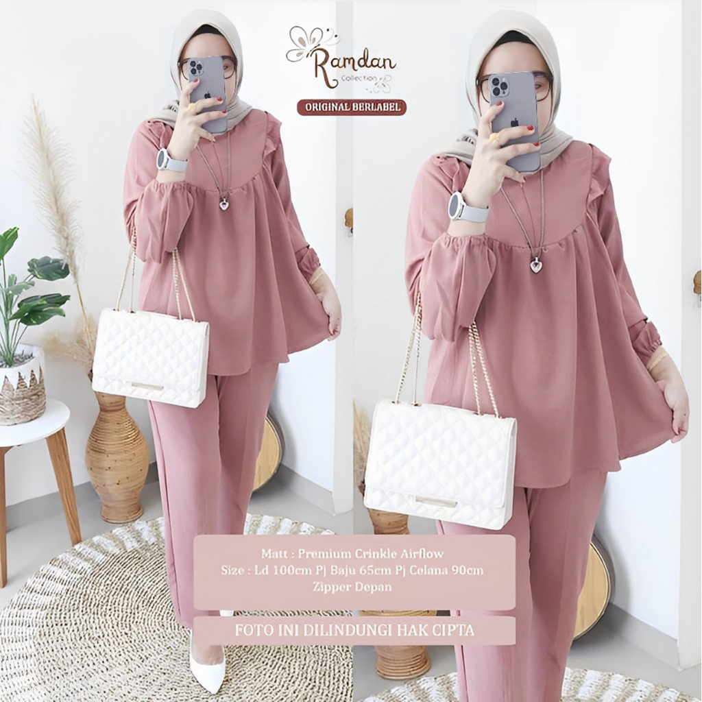 Ramdan Collection A057 | Milly One Set Lavender Bahan Rayon Crinkle Airflow Busui Friendly Setelan Wanita Kekinian Tunik + Celana Import Fashion Muslim Jumbo OOTD Baju Wanita Premium Terbaru Anak Perempuan Kondangan Hitam Long Tunik Atasan Korean Style