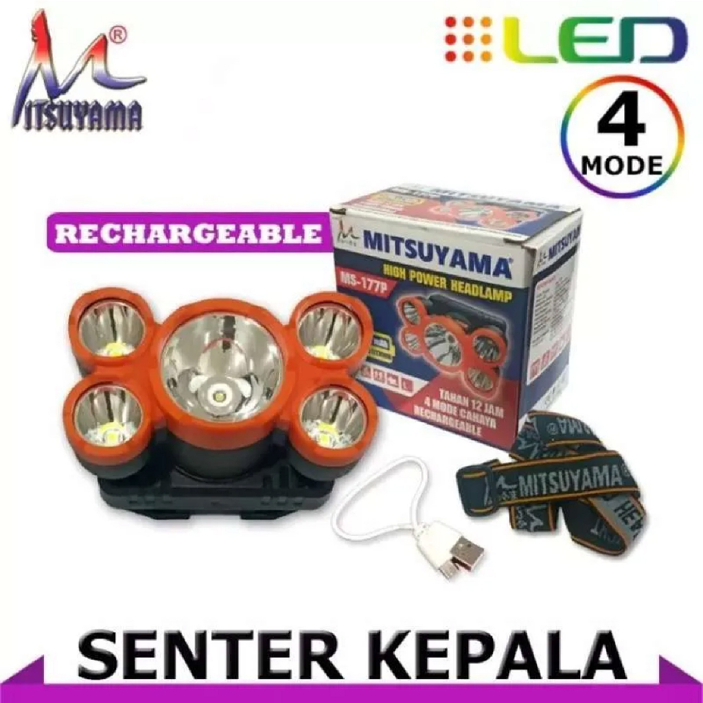 Senter Kepala 5 LED Mitsuyama MS 177P dengan 4 Mode Cahaya dan Baterai Cas