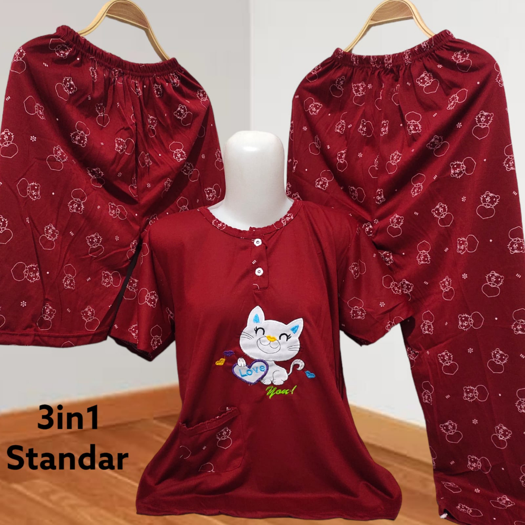 Baju Tidur Kaos Babydoll 3in1 Standar Model 1 Baju Dan 2 Celana Gambar Bordir