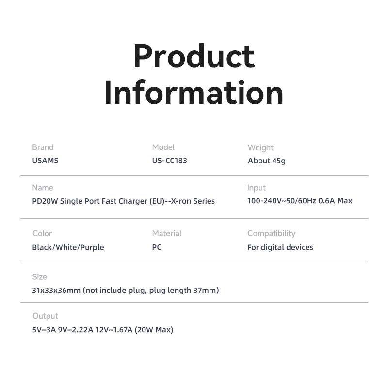 USAMS X-ron Adapter Fast Charger Single Port PD20W