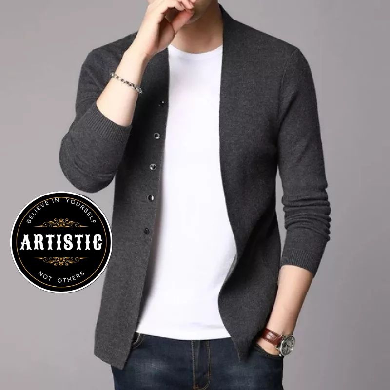 Cardigan Pria Rajut Korea Polos Lengan Panjang Cotton Rajut Tebal Berkualitas