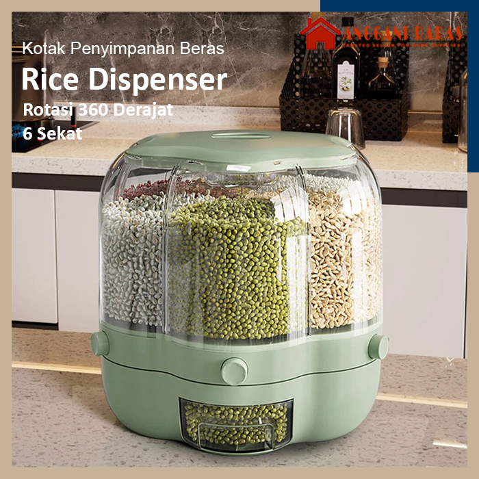 Rice Dispenser Penyimpanan Beras Sereal Gandum Kacang Hijau Kotak Penyimpanan Makanan Kedap Udara Otomatis 6 Sekat Bisa Diputar