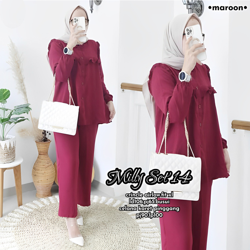 Ramdan Collection | Sandrina Milly One Set Bahan Crinkle Airflow Jipper Depan Sleting Depan Setelan Wanita Kekinian Tunik + Celana Import Fashion Muslim Jumbo OOTD Baju Wanita Premium Terbaru Anak Perempuan Kondangan Hitam Long Tunik Atasan Busui