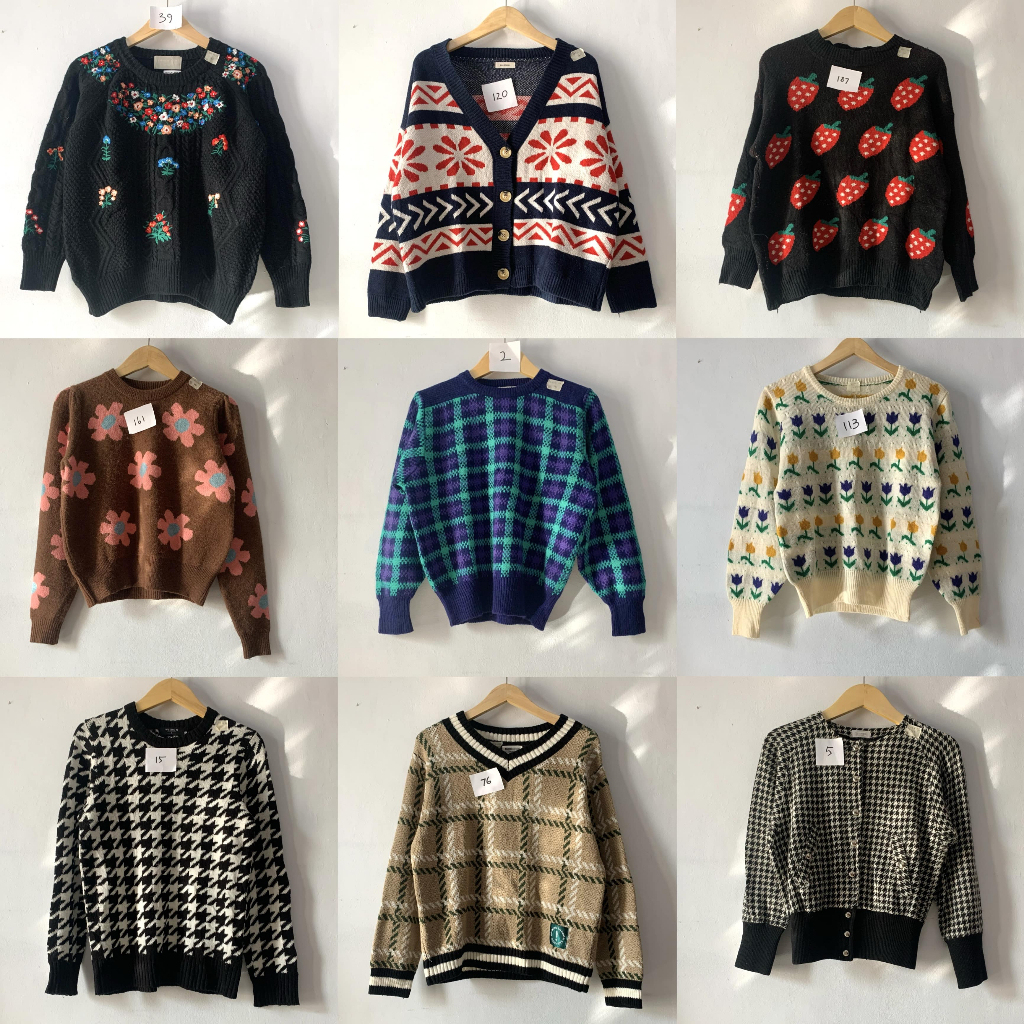 Cardigan Sweater Rajut Kepang Vest Rompi Motif Gambar Pattern Premium Lengan Tangan Balon Salur Mix 