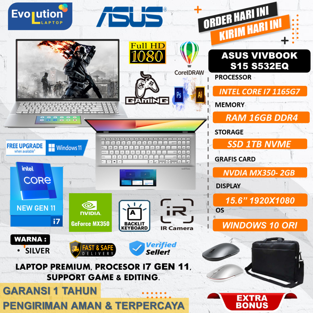 Laptop Asus Vivobook s15 S532EQ Intel Core I7 1165g7 Ram 16GB SSD 1TB Nvdia MX350 SILVER