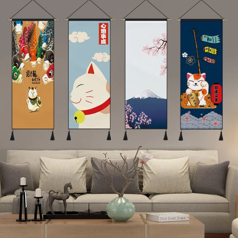 Maneki Neko poster gantung gaya Jepang Kakemono dekorasi rumah ruang tamu latar belakang lukisan seni dinding permadani Anime