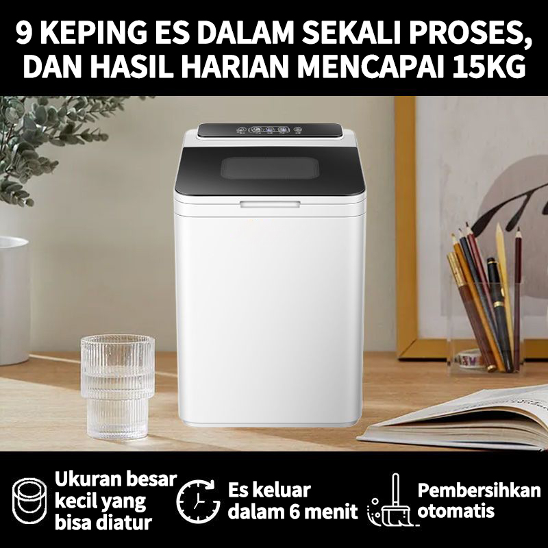 Mesin Es Iceler Portable Ice Maker 15KG Es Perhari 6 Keping Es diproduksi，Mesin Rumahan Kecil Full Otomatis