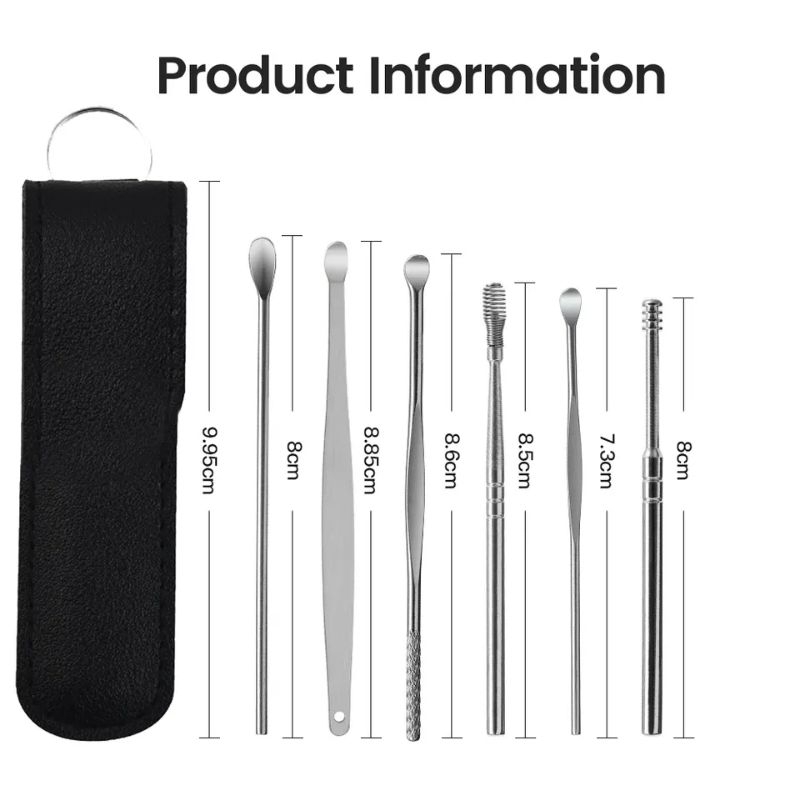 ISI 6 PCS PLUS POUCH KOREK KUPING STAINLESS ALAT PEMBERSIH TELINGA KOREK KUPING SET STAINLESS ANTI KARATAN