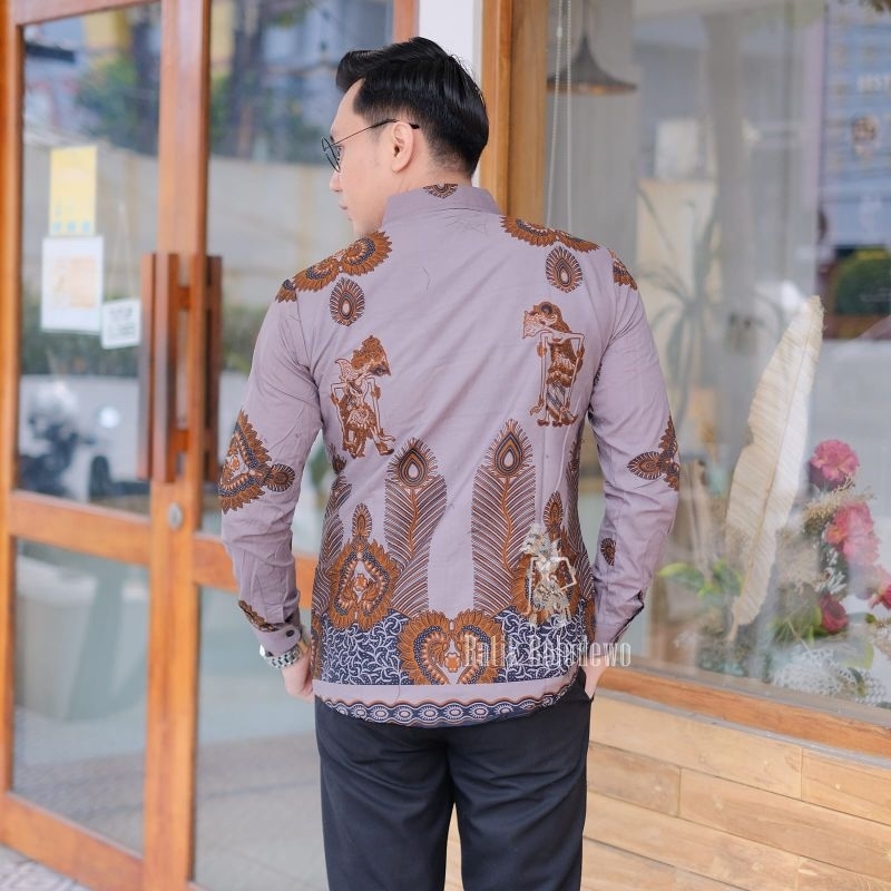 BATIK BOLO DEWO Motif Wayang Kembar Kemeja Baju Batik Pria Lengan panjang Lapis furing Hem Atasan