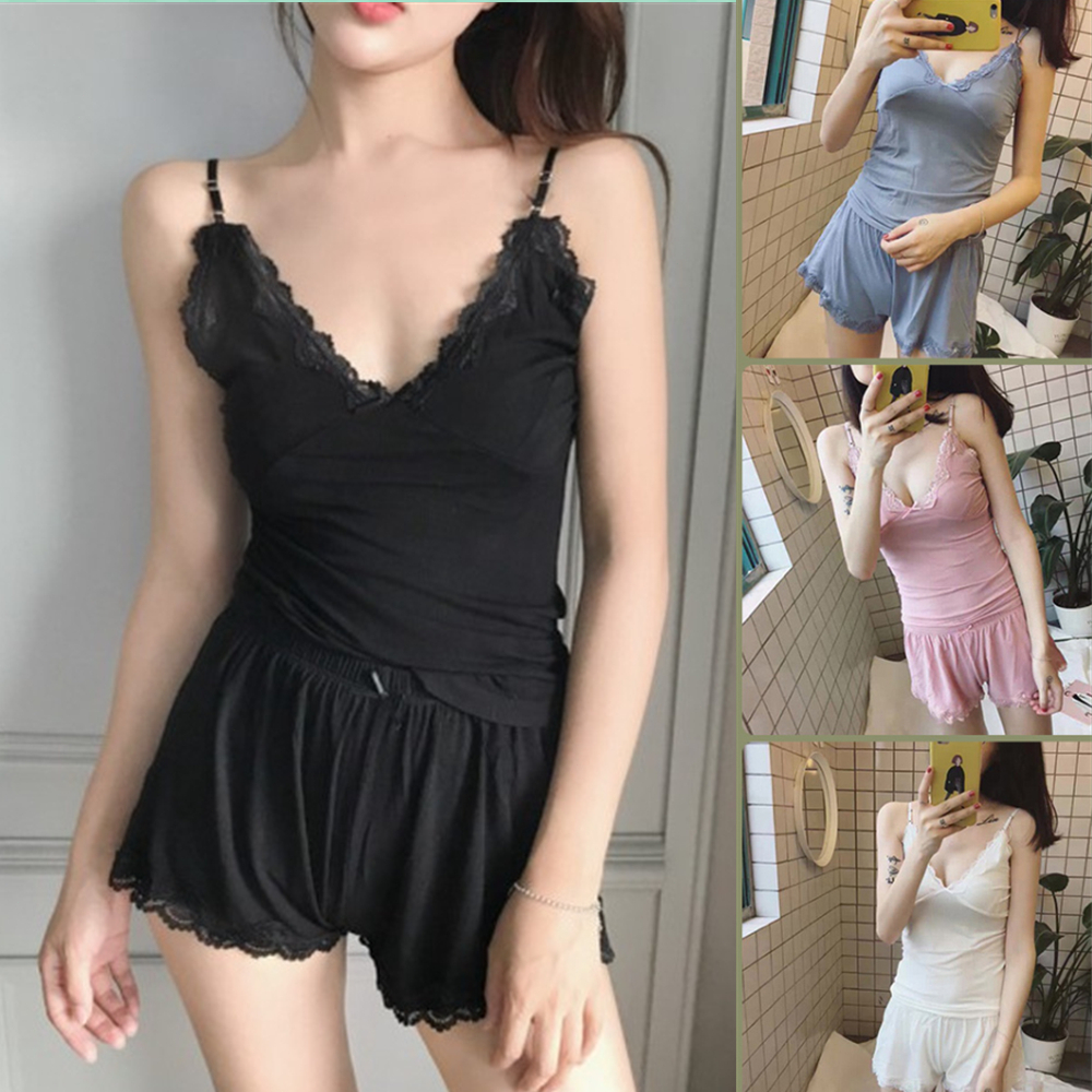 【COD &amp; Barang ready】Setelan piyama tank top atasan + celana pendek hitam set renda piyama wanita atasan &amp; high waist celana pendek